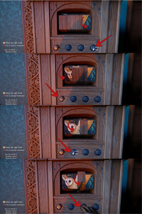 Owl puzzle with rotating panels and four buttons showing solution steps