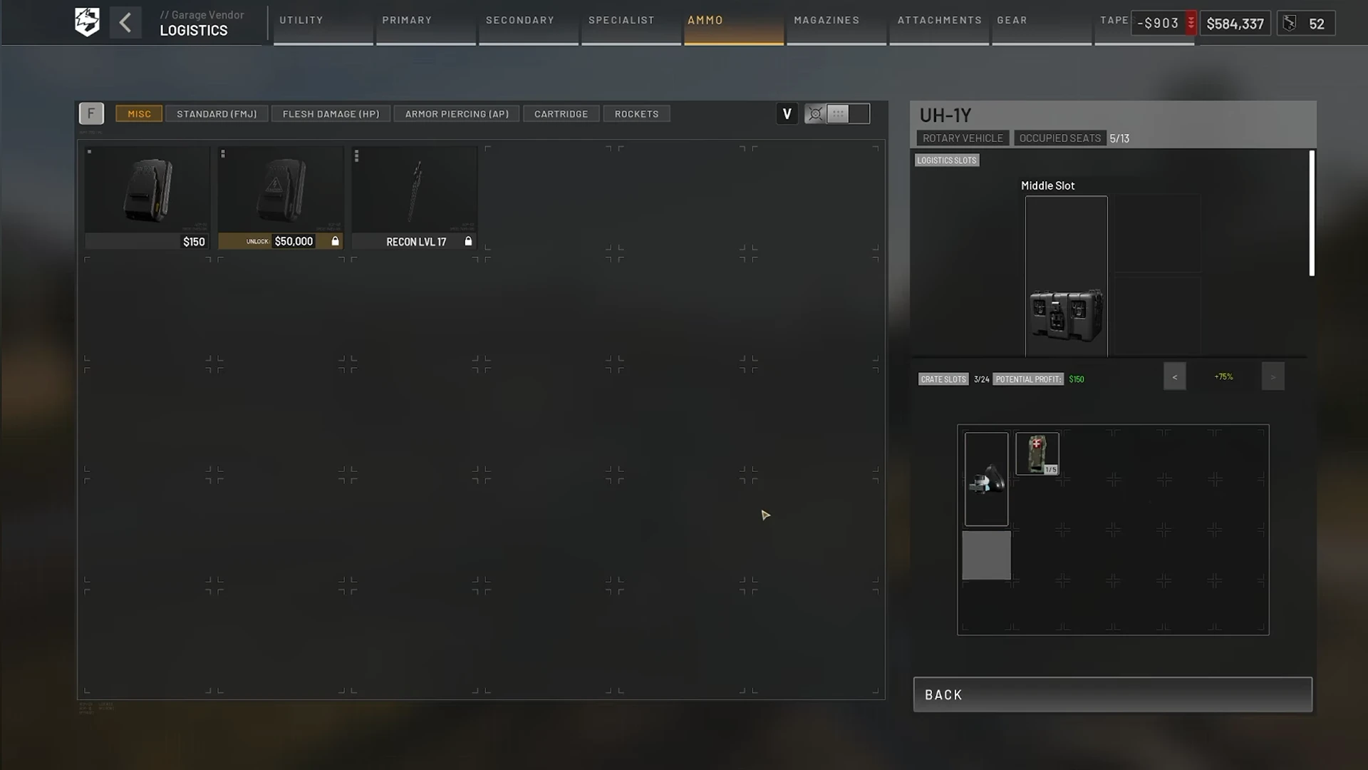 WARDOGS logistics crate stocking menu showing crate slots, +75% markup, and the potential profit readout