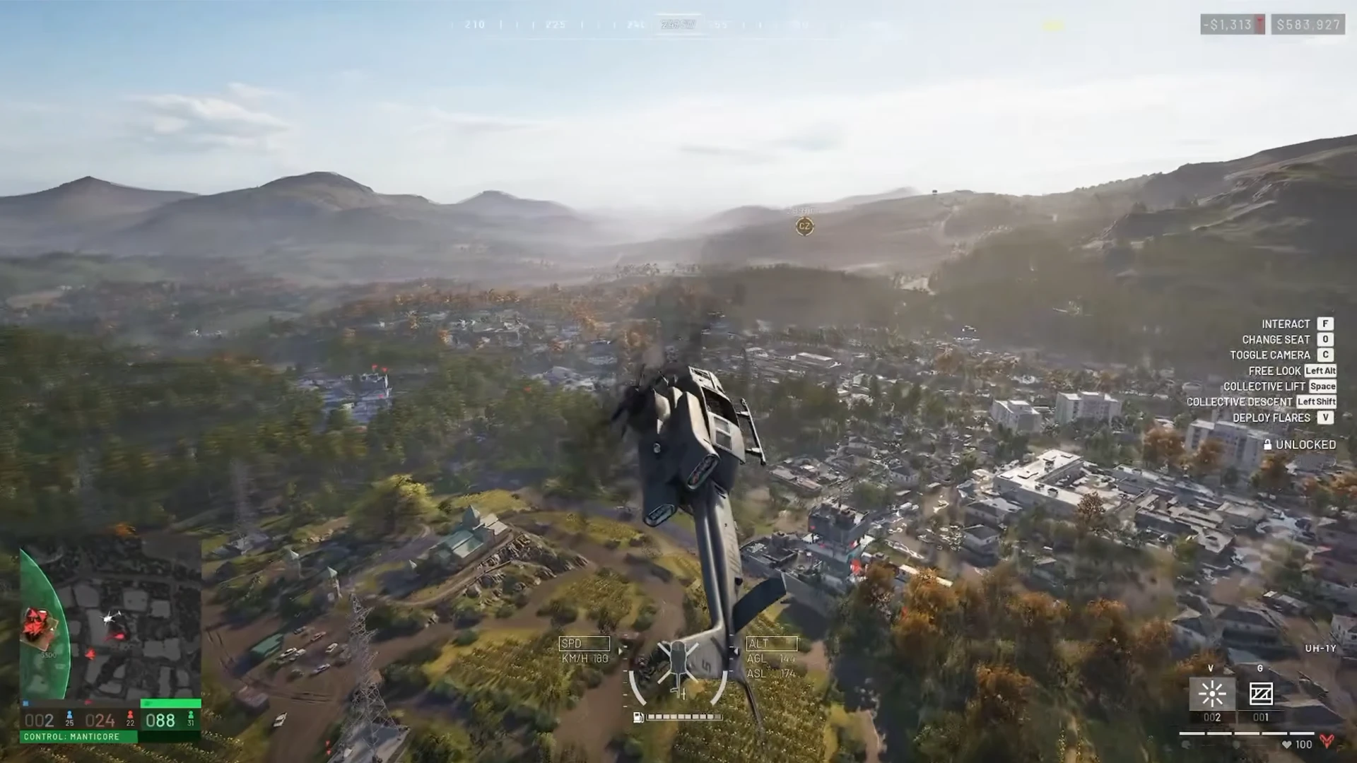 WARDOGS Huey banking hard into a Shift+S stop over a town, nose pulled up to kill forward momentum