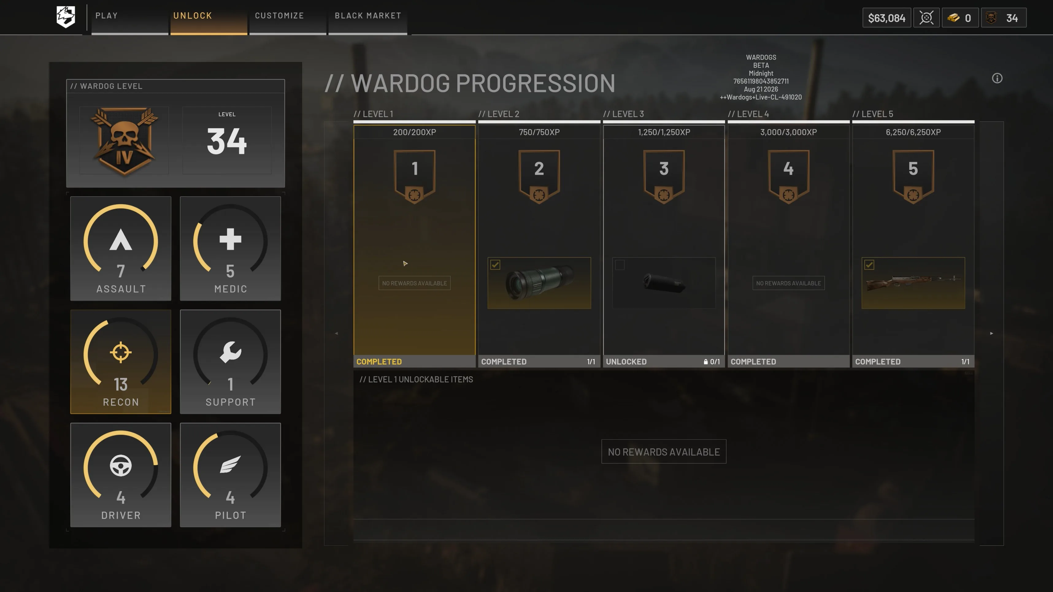 WARDOGS Recon progression track showing Monocular at level 2 and later sniper unlocks