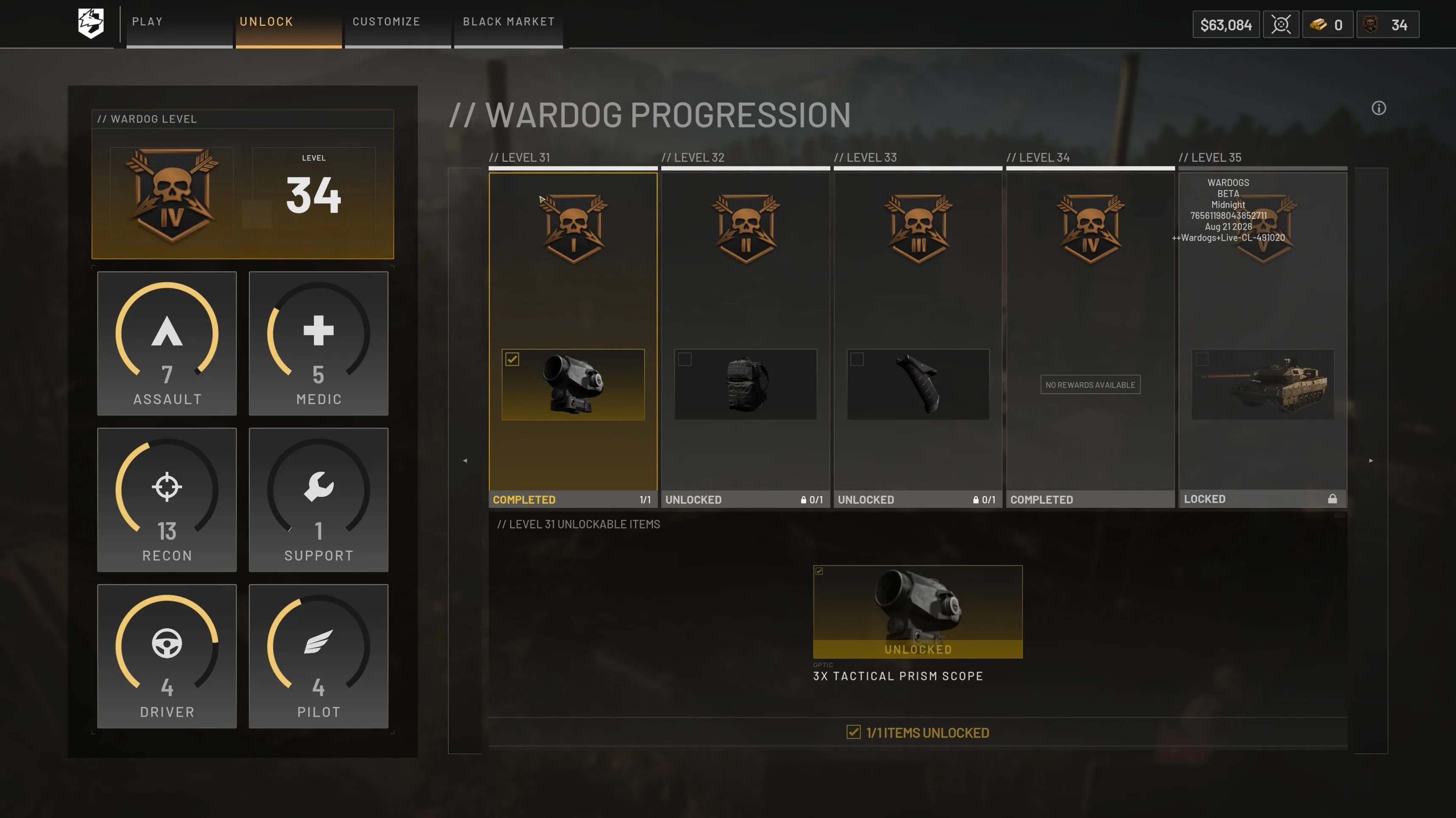 WARDOGS Wardog Progression screen showing Assault, Medic, Recon, Support, Driver, and Pilot tracks