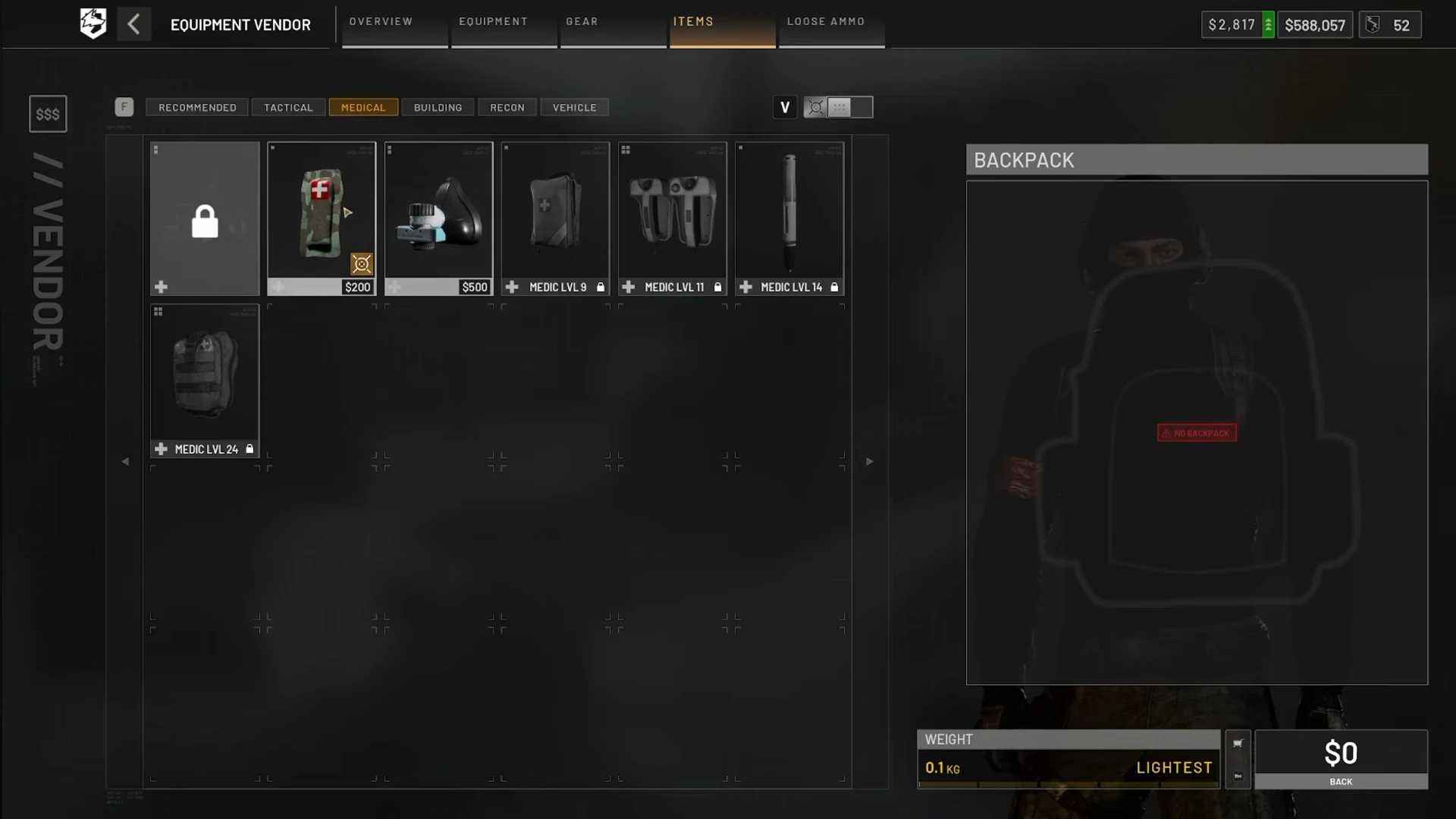 WARDOGS equipment vendor medical tab showing bandages at $200, the resuscitation mask at $500, and Medic-level-locked defibrillator and first aid kits