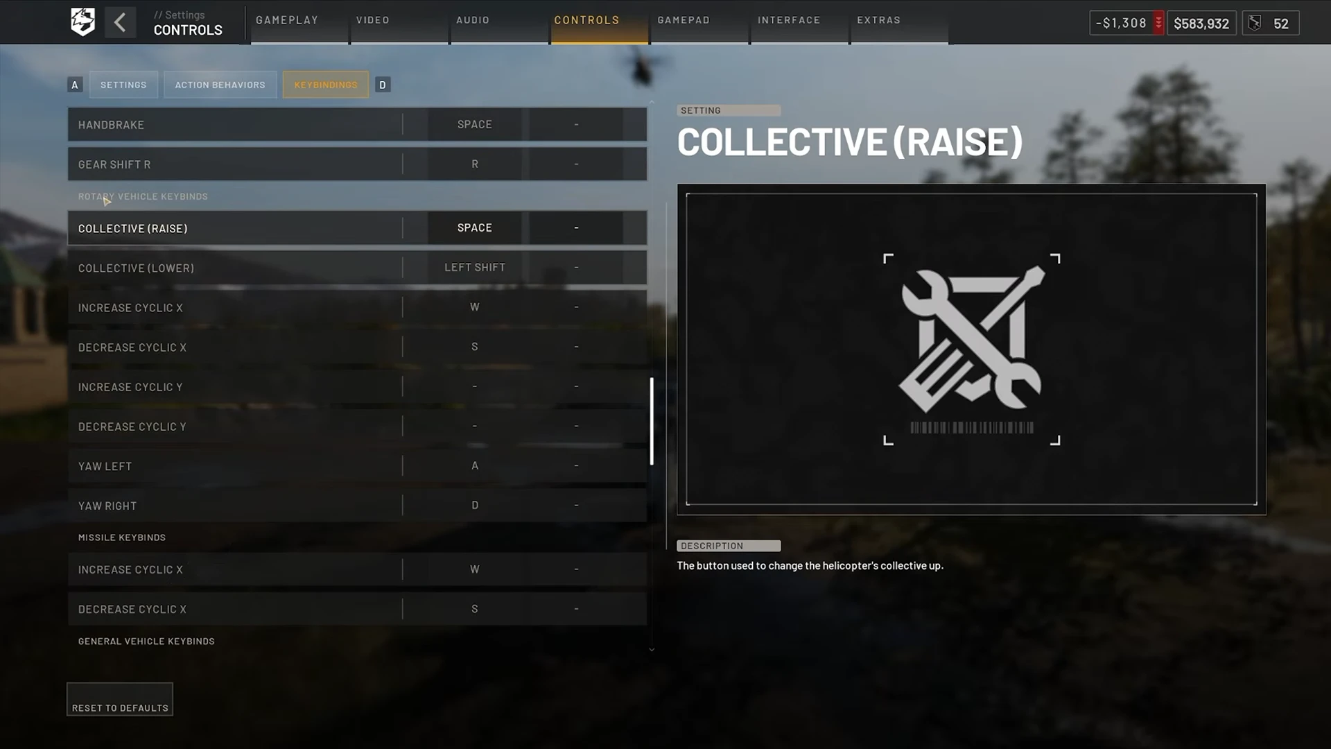 WARDOGS rotary vehicle keybindings: Collective Raise on Space, Collective Lower on Left Shift, Cyclic X on W and S, Yaw on A and D, Cyclic Y unbound