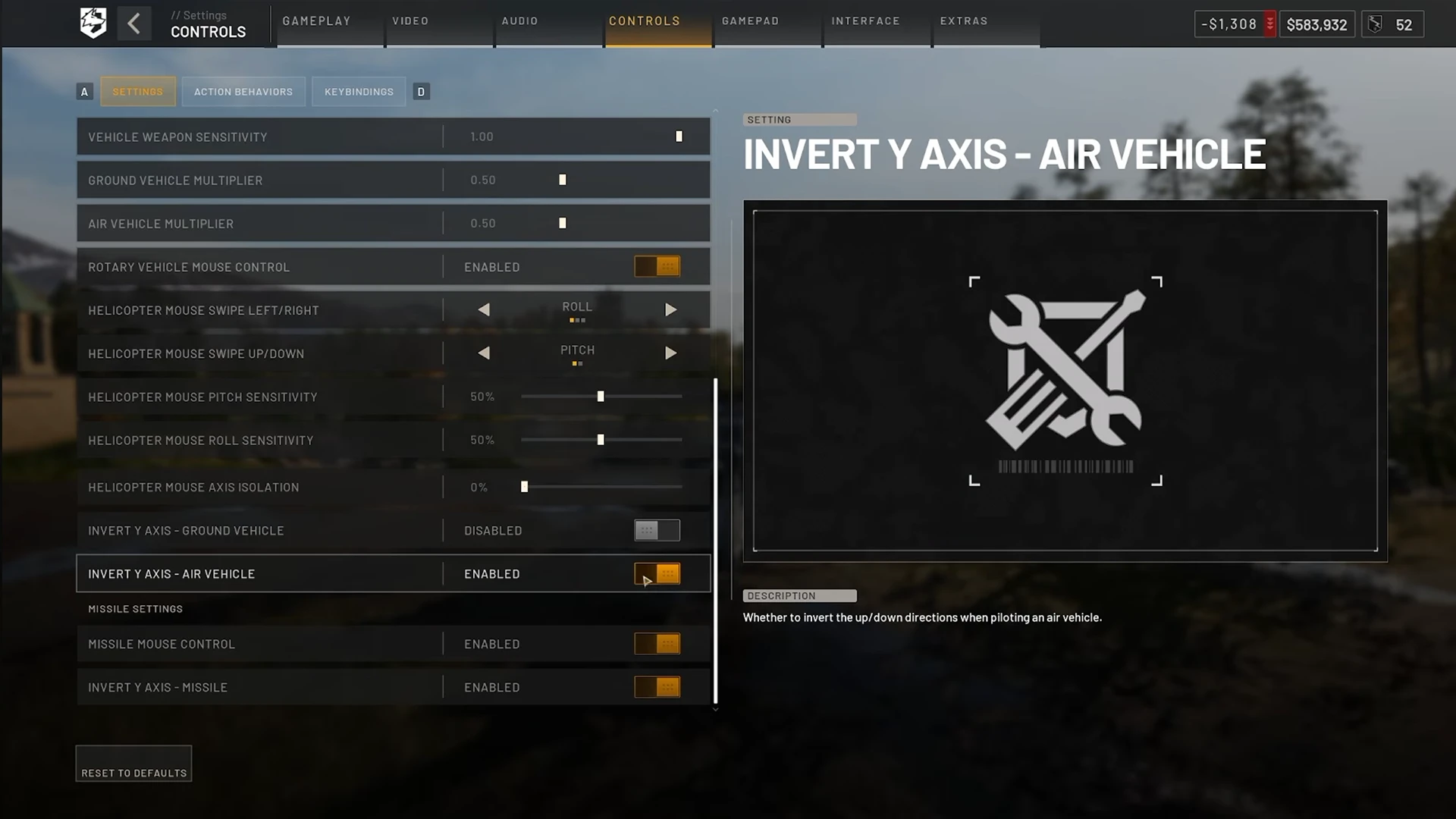 WARDOGS controls settings with Rotary Vehicle Mouse Control enabled, mouse swipe bound to roll and pitch, and Invert Y Axis for air vehicles enabled