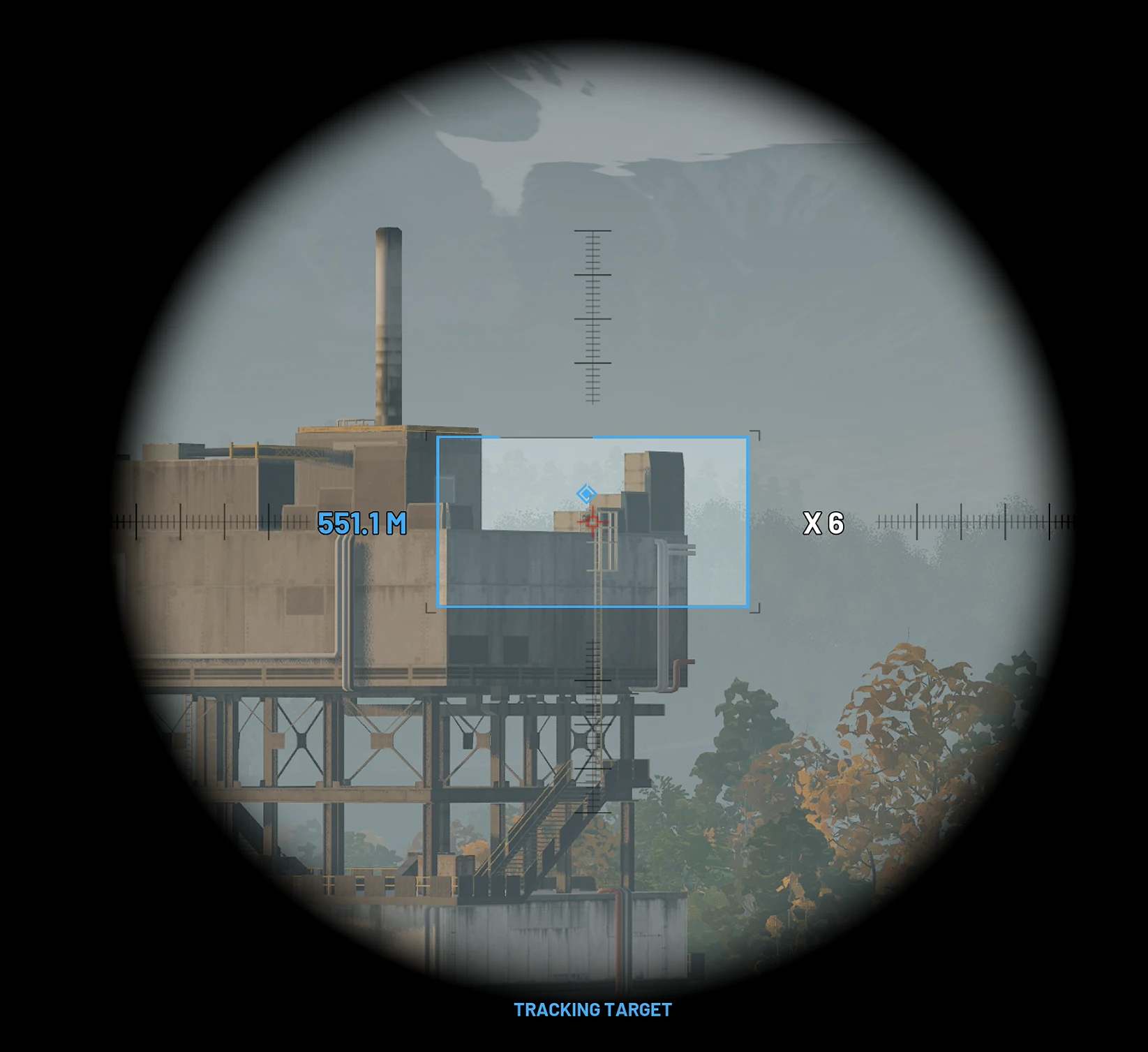 WARDOGS recon optic view tracking a target at 551 meters with x6 zoom and a distance readout