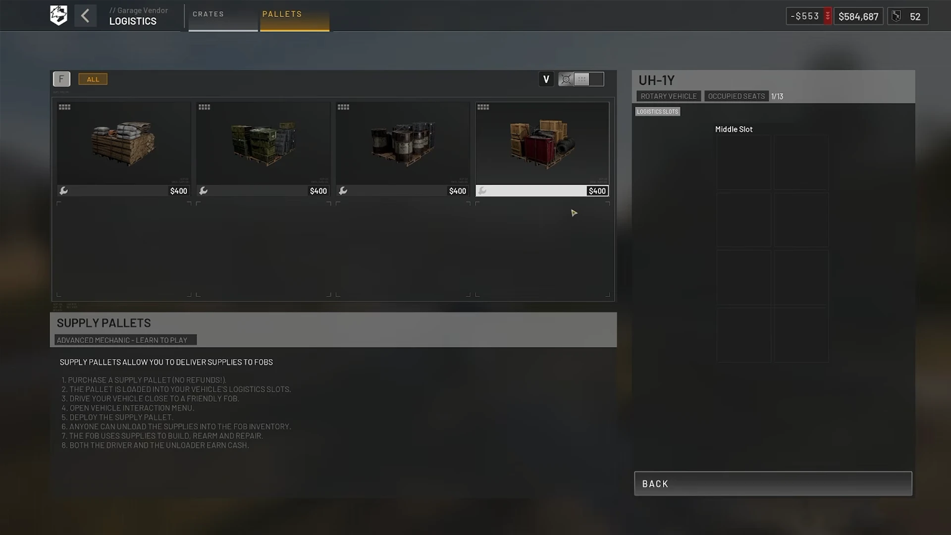 WARDOGS garage vendor logistics menu showing four supply pallet types at $400 each, loaded into the UH-1Y's logistics slots