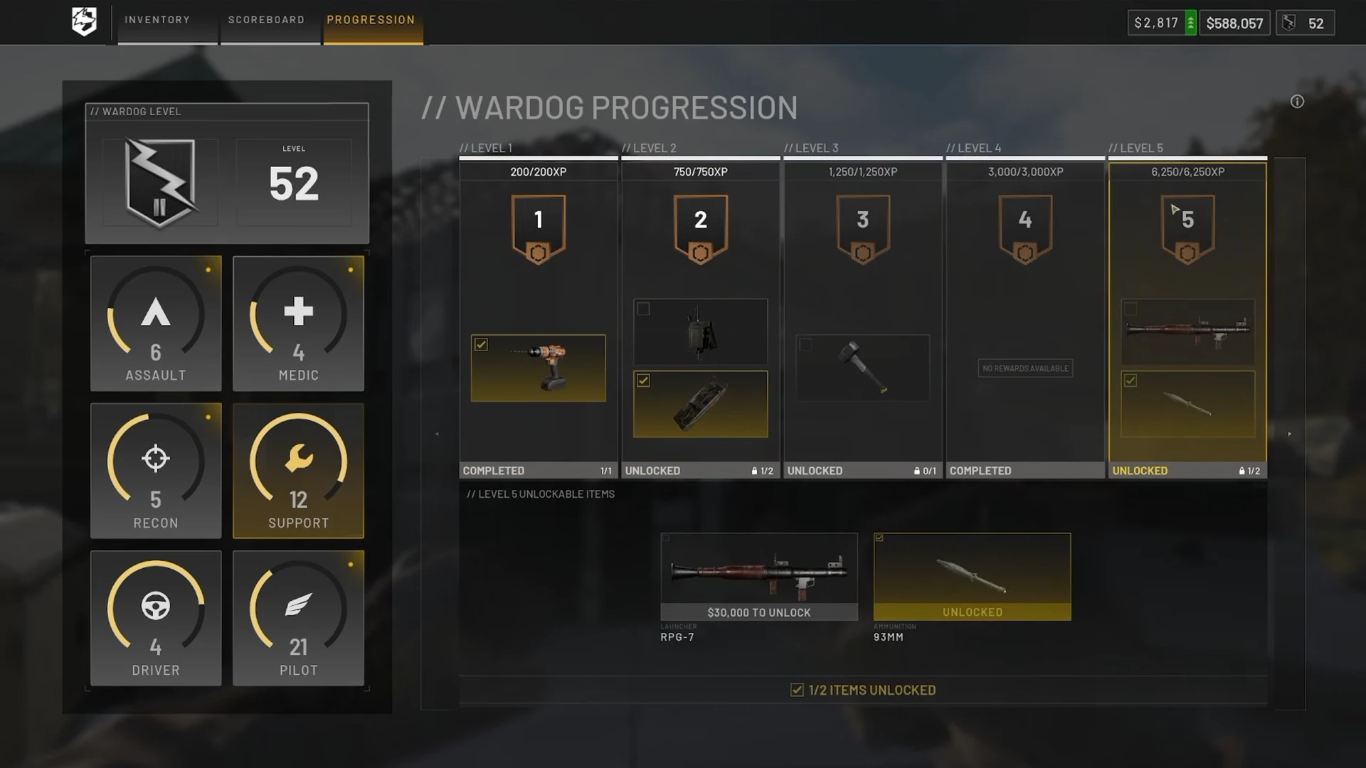 WARDOGS Wardog Progression screen showing the RPG-7 as the Support level 5 unlockable for $30,000