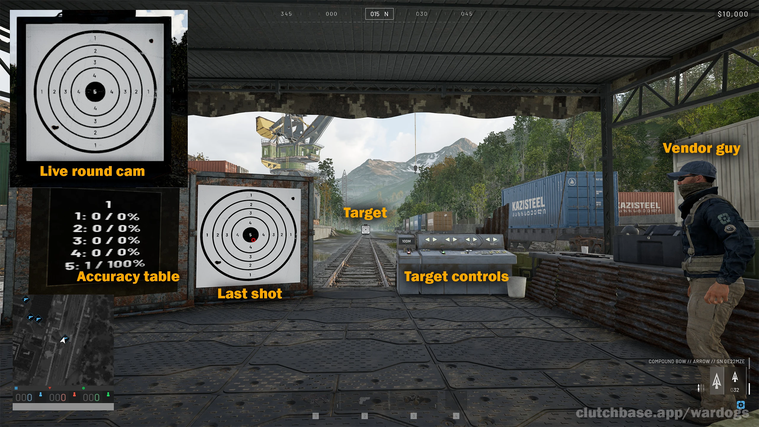 WARDOGS Firing Range: vendor on the right, rail target in the distance, bullet cam in the top-left, and the last-shot accuracy table marked on screen