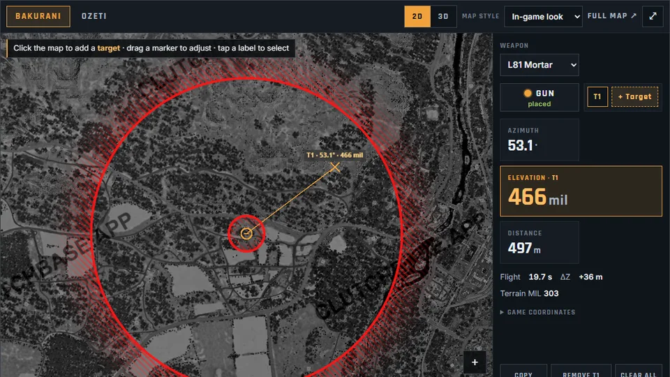 WARDOGS mortar and artillery calculator with the gun placed on the map