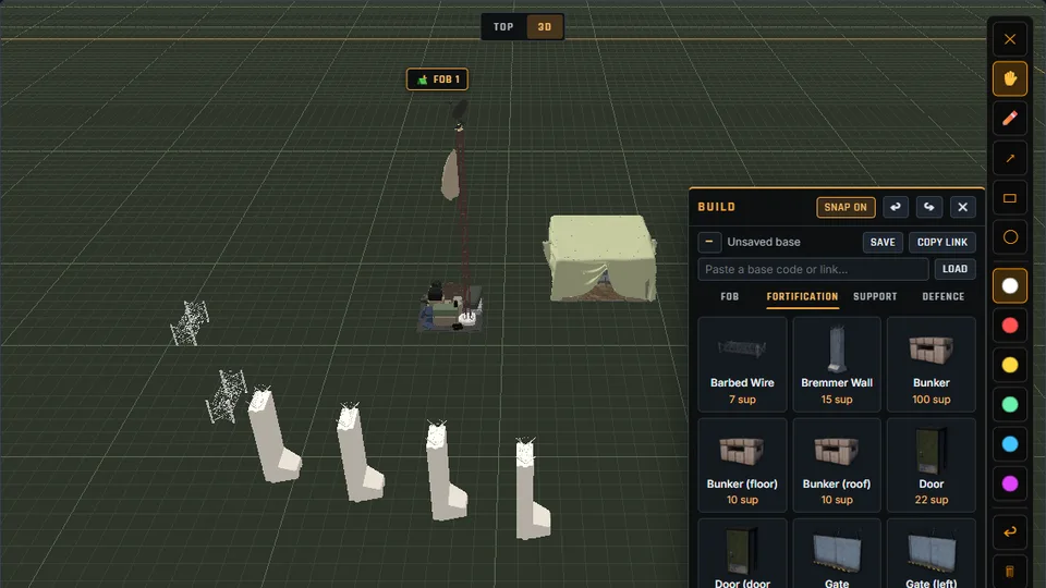 WARDOGS base builder with the buildables palette on the flat pad
