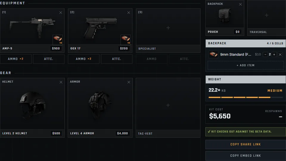 WARDOGS loadout builder with a kit assembled in the vendor layout