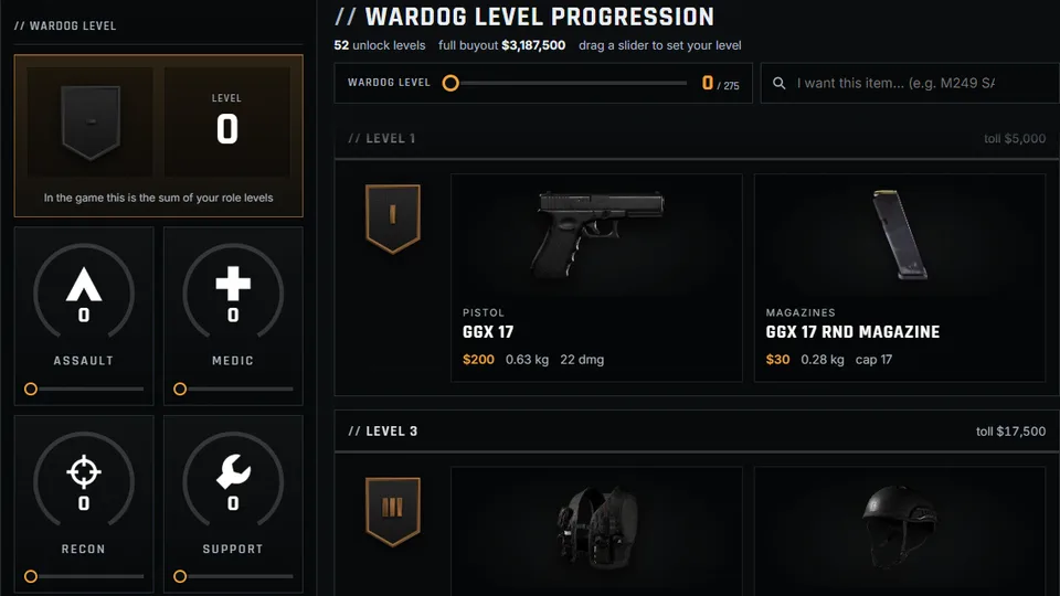 WARDOGS progression tree with track sliders and unlock levels