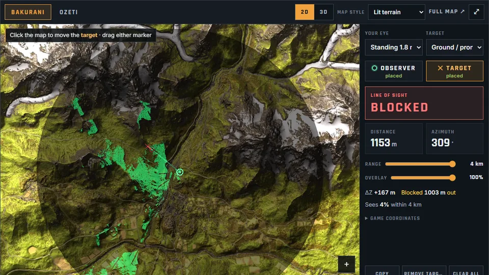 WARDOGS sniper and recon visibility calculator on the Bakurani map