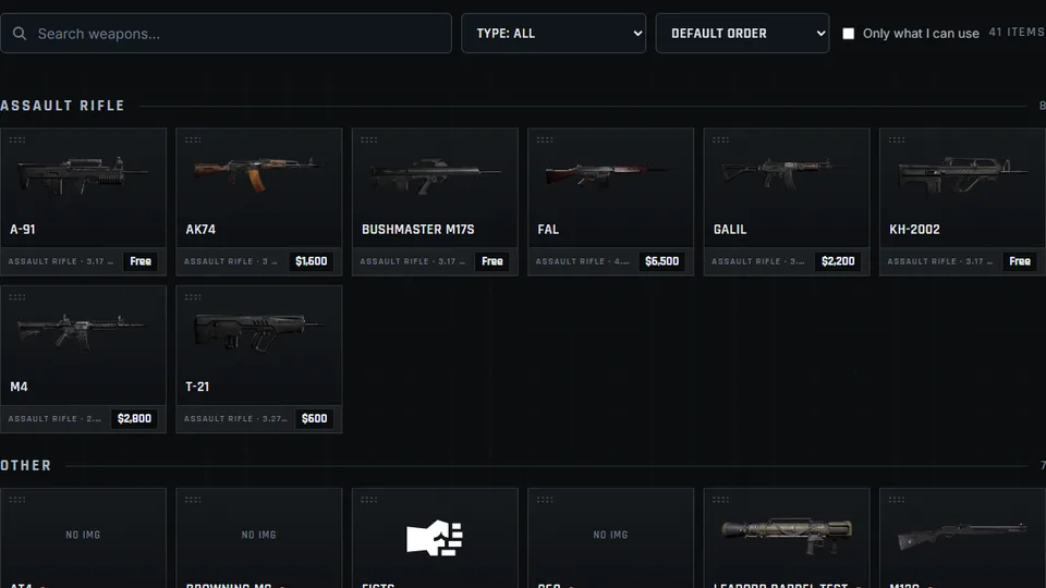 WARDOGS weapon database grid