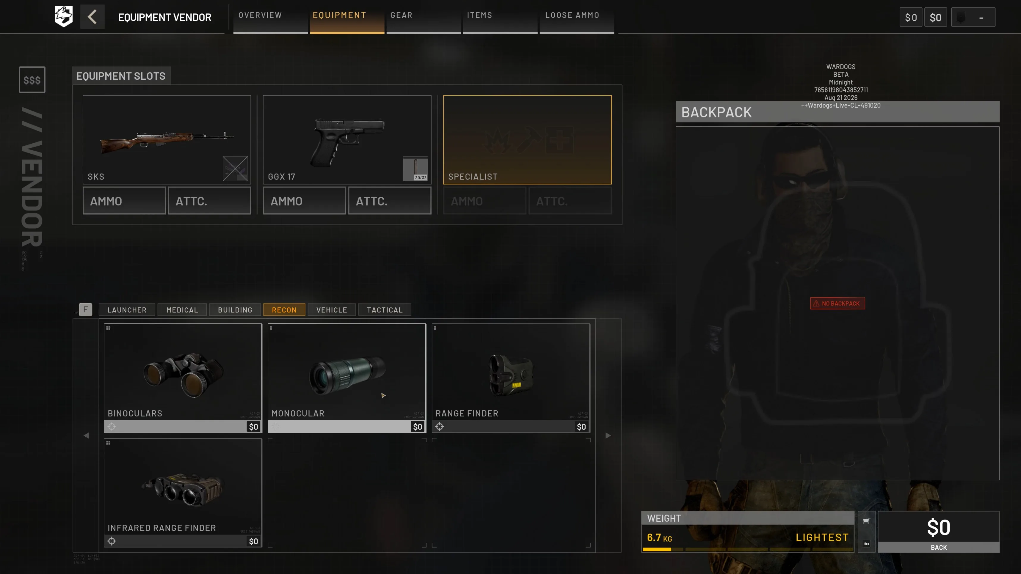 WARDOGS equipment vendor Specialist slot open on the Recon tab showing Binoculars, Monocular, Range Finder, and Infrared Range Finder