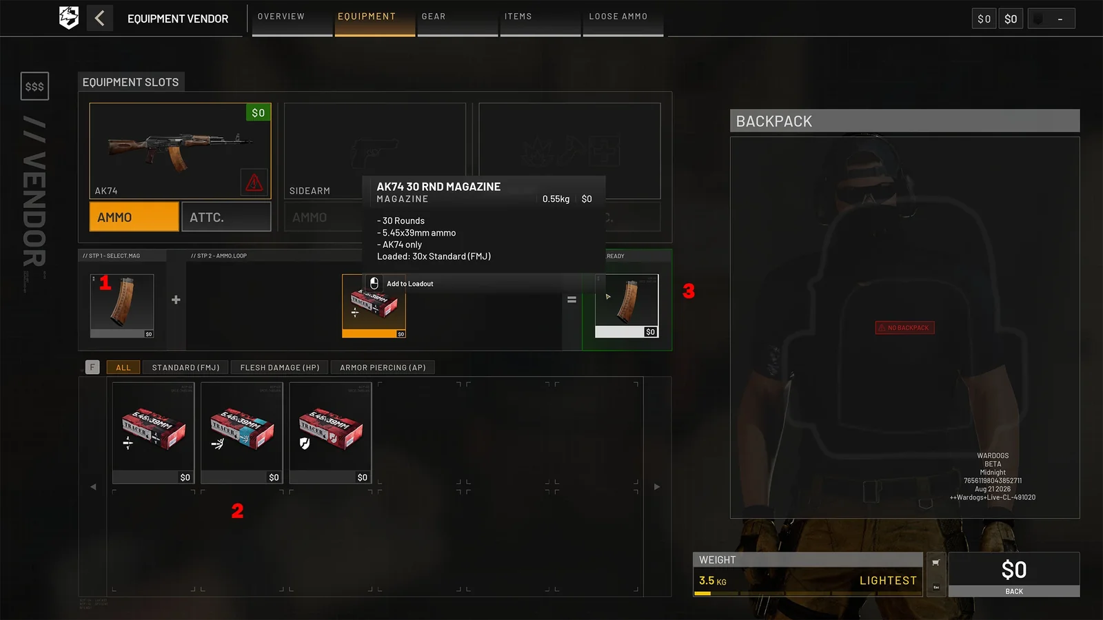 WARDOGS vendor magazine builder: select magazine, select ammo type, click the ready mag