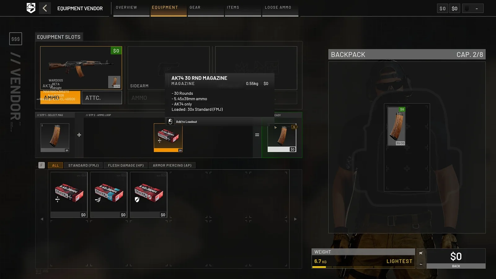 WARDOGS vendor with a backpack purchased - the extra magazine is added to backpack storage