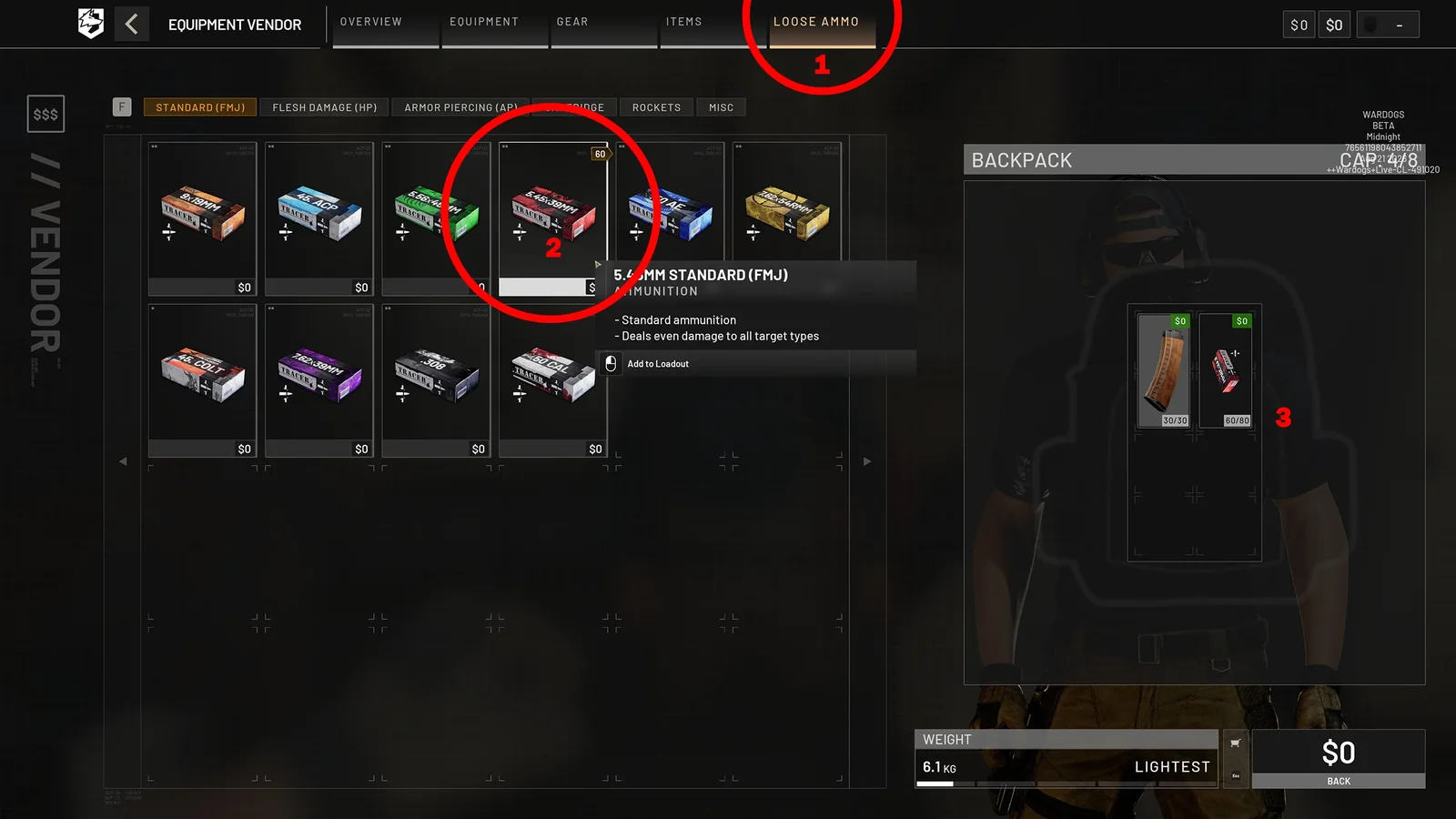 WARDOGS Loose Ammo vendor tab with 5.45x39mm ammo and backpack showing a spare mag plus a loose ammo stack