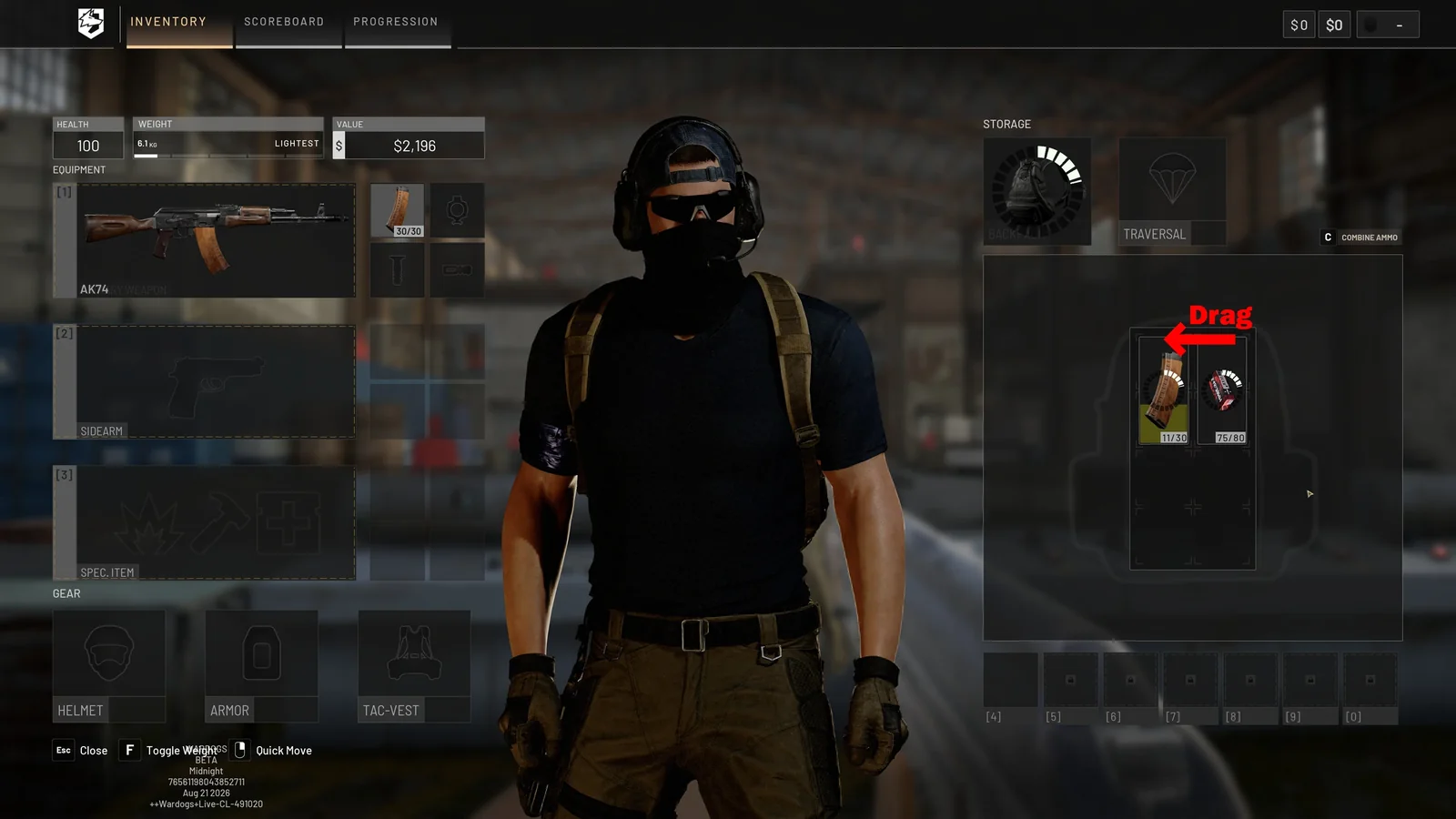 WARDOGS inventory screen: dragging loose 5.45mm ammo onto a partially filled AK74 magazine to refill it